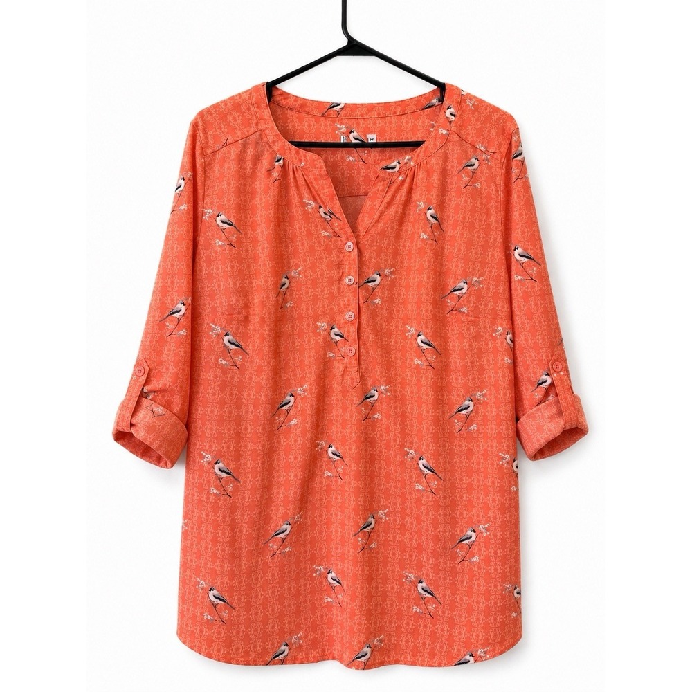 Womens L Coral Bird Print Split Neck Roll Tab 3/4 Sleeve Boho Blouse